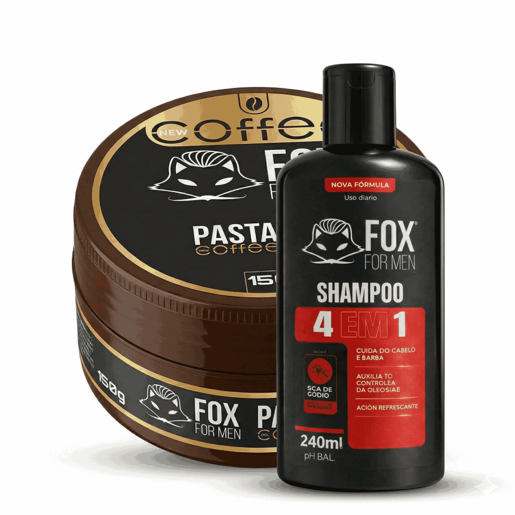 Kit Shampoo Masculino 4 em 1 + Pomada Modeladora | Cabelo & Barba | Fox Coffee
