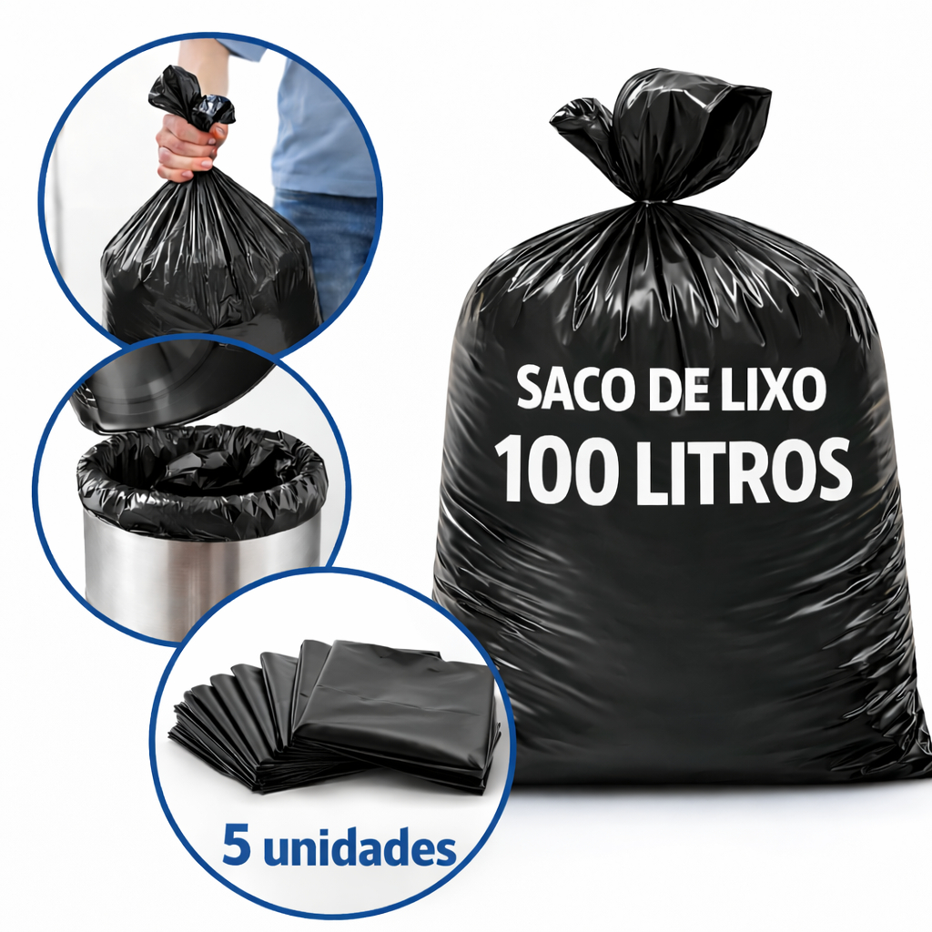 Saco para Lixo Preto Premium 100 Litros Reforçado Pacote 5 Unidades Alta Resistência — imagem 2 de 2