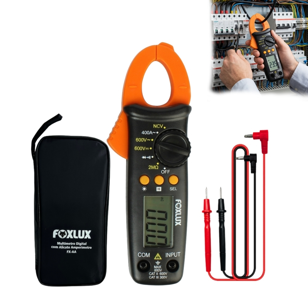 Alicate Amperímetro Foxlux Digital Profissional 1000A Multímetro 16mm² com Bipe e Teste de Tensão