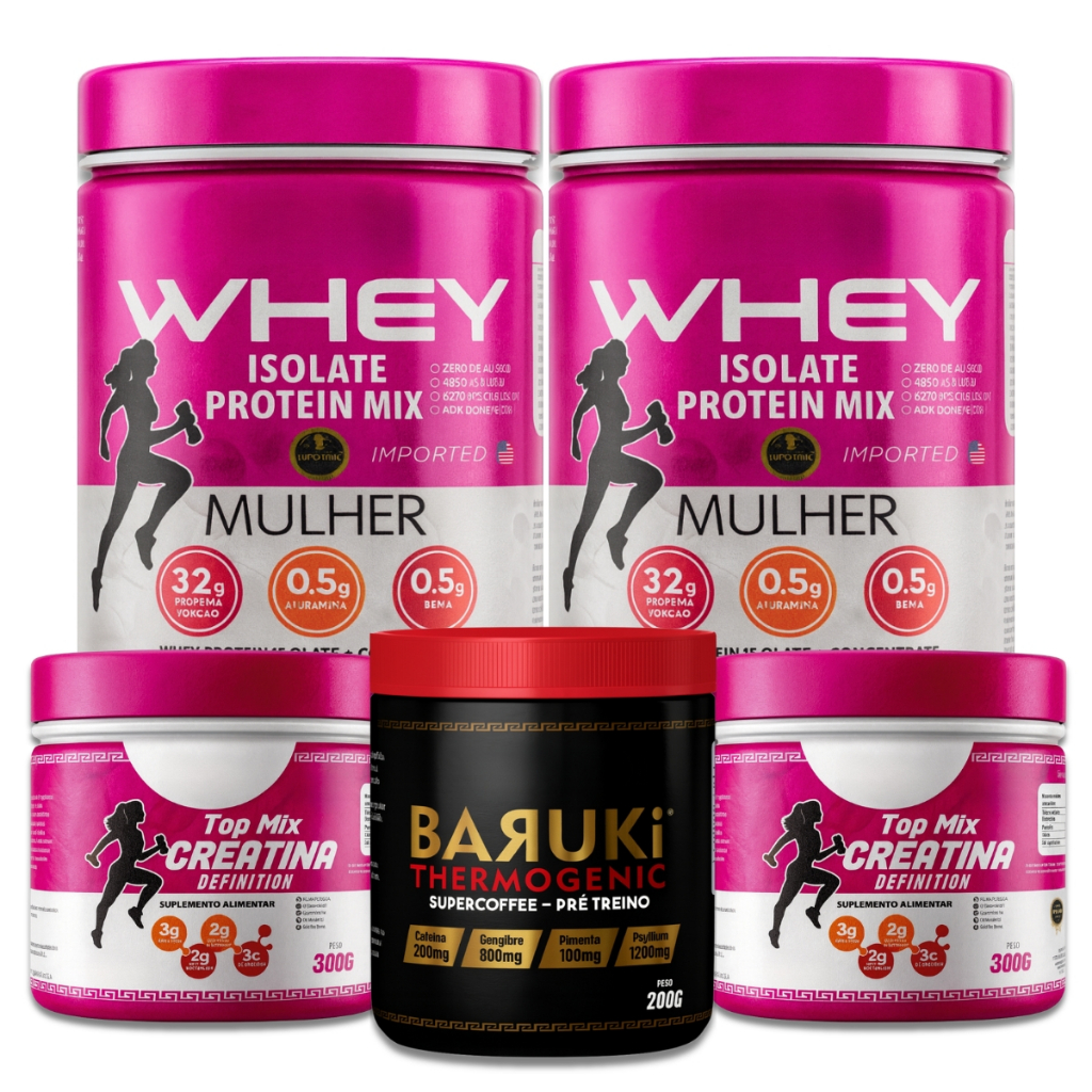 KIT 2x Whey Mulher Isolado + 2x Creatina Mulher + 1 Termogênico Pré-Treino - Suplemento Feminino