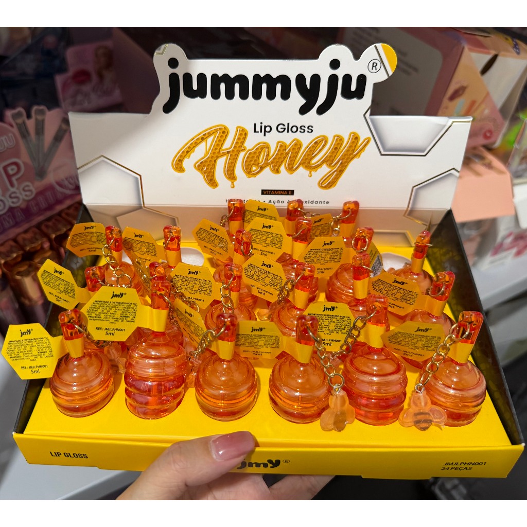 kit com 24pc Jummyju Lip Gloss Honey 5ml – Hidratação profunda, brilho suave, aroma doce com chaveiro JMJLPHN001