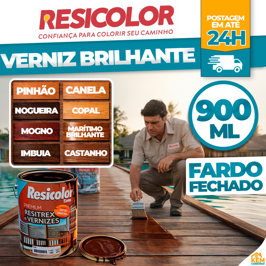 Kit 06 Verniz Brilhante Para Madeira Interno Secagem Rápida Lata Galão 900ml Resicolor