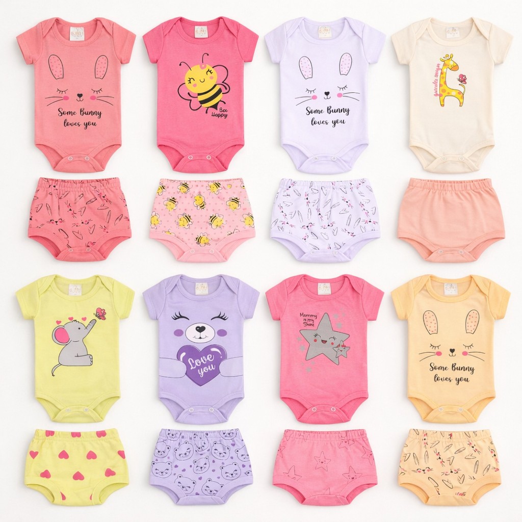 Kit 5 Conjuntos Bebê Body Manga Curta + Tapa Fralda Algodão Verão Menina 10 Peças RN Ao GG