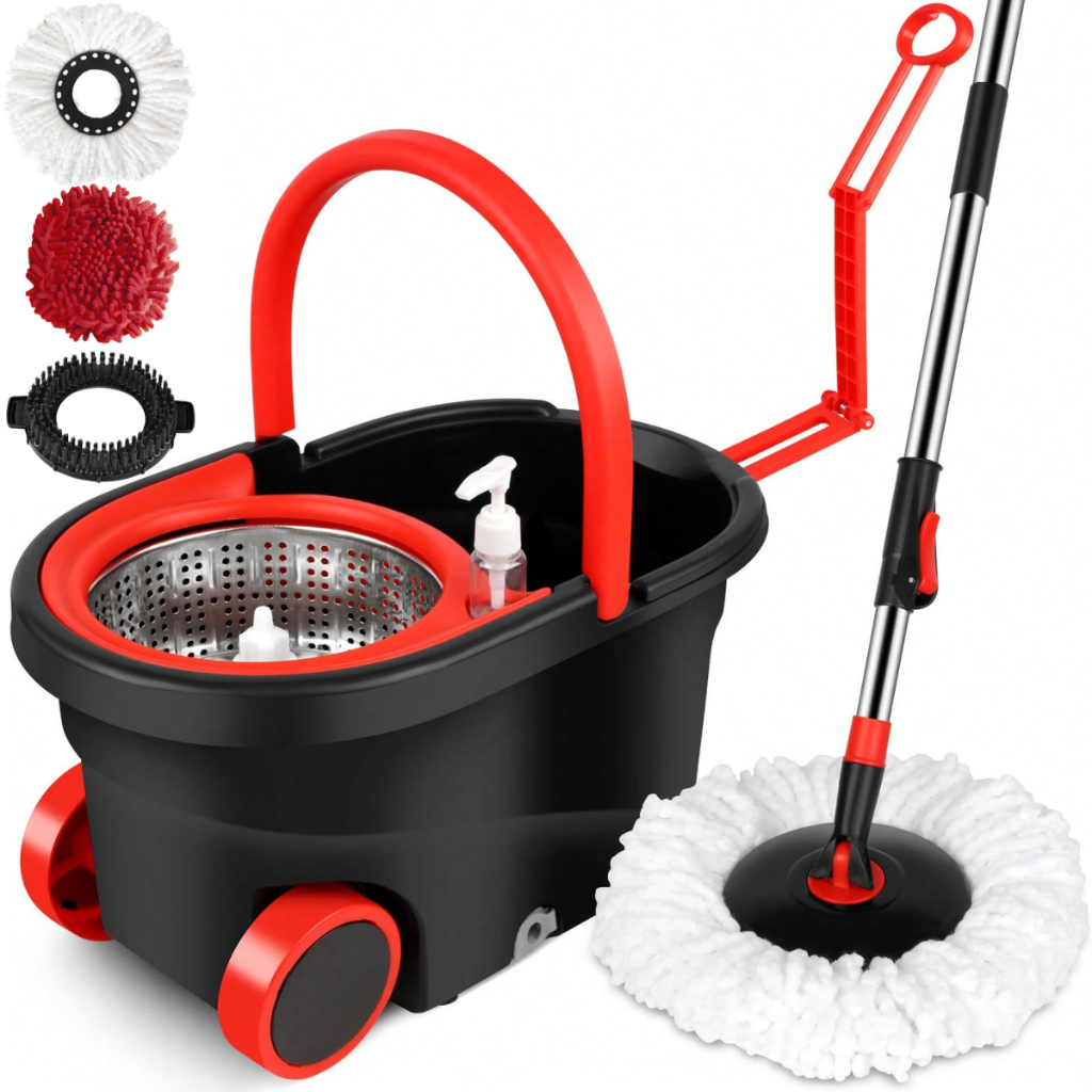 Mop Giratório Cabo Grande 160cm Esfregão Balde 16 Litros Inox 3 Refis e Dispenser Rodinhas e Alça Retrátil
