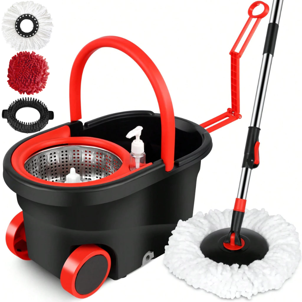 Mop Giratório Cabo Grande 160cm Esfregão Balde 16 Litros Inox 3 Refis e Dispenser Rodinhas e Alça Retrátil — imagem 1