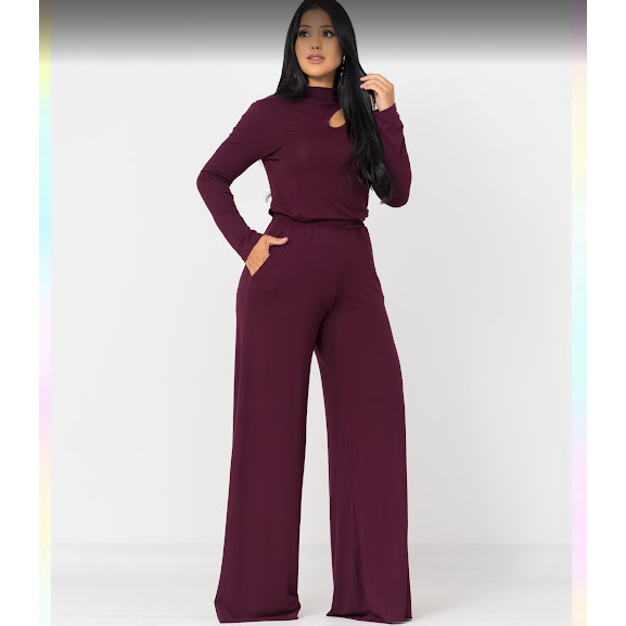 Conjunto Feminino Viscolycra Blusa Manga Longa + Calça Pantalona Flare com Bolso