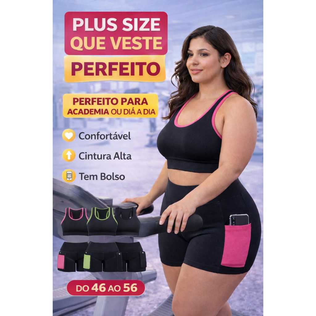 CONJUNTO FITNESS PLUS SIZE FEMININO TOP E SHORT CINTURA ALTA COM BOLSO ACADEMIA G1 G2 G3 em Oferta na Shopee