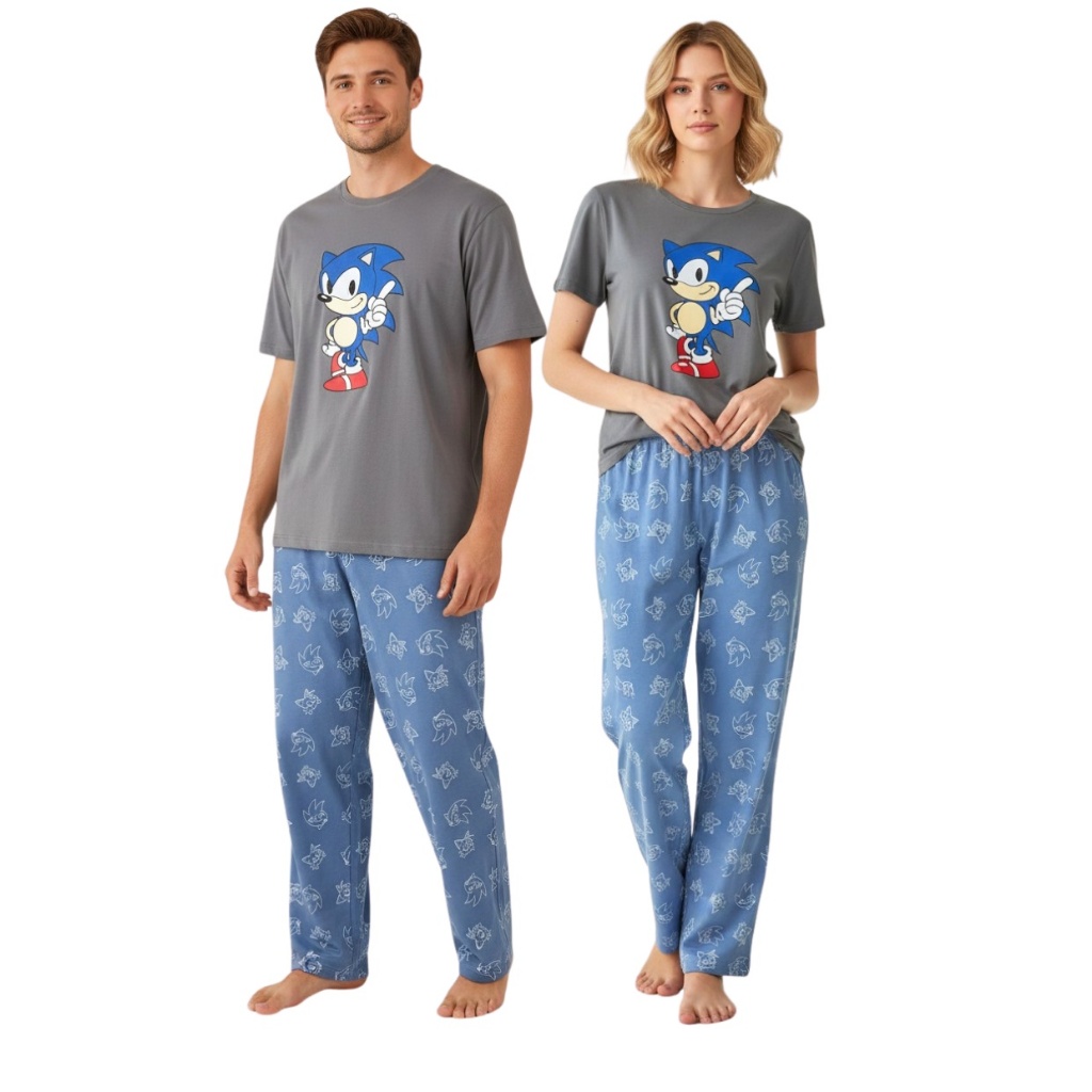 Kit Casal Pijama Meia Estação Manga Curta + Calça Malha PV Adulto Promoção Personagem