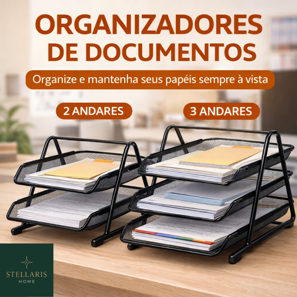 Organizador De Papéis Metálico 2 ou 3 Níveis Andares Bandejas Escritório Casa Arquivos Documentos