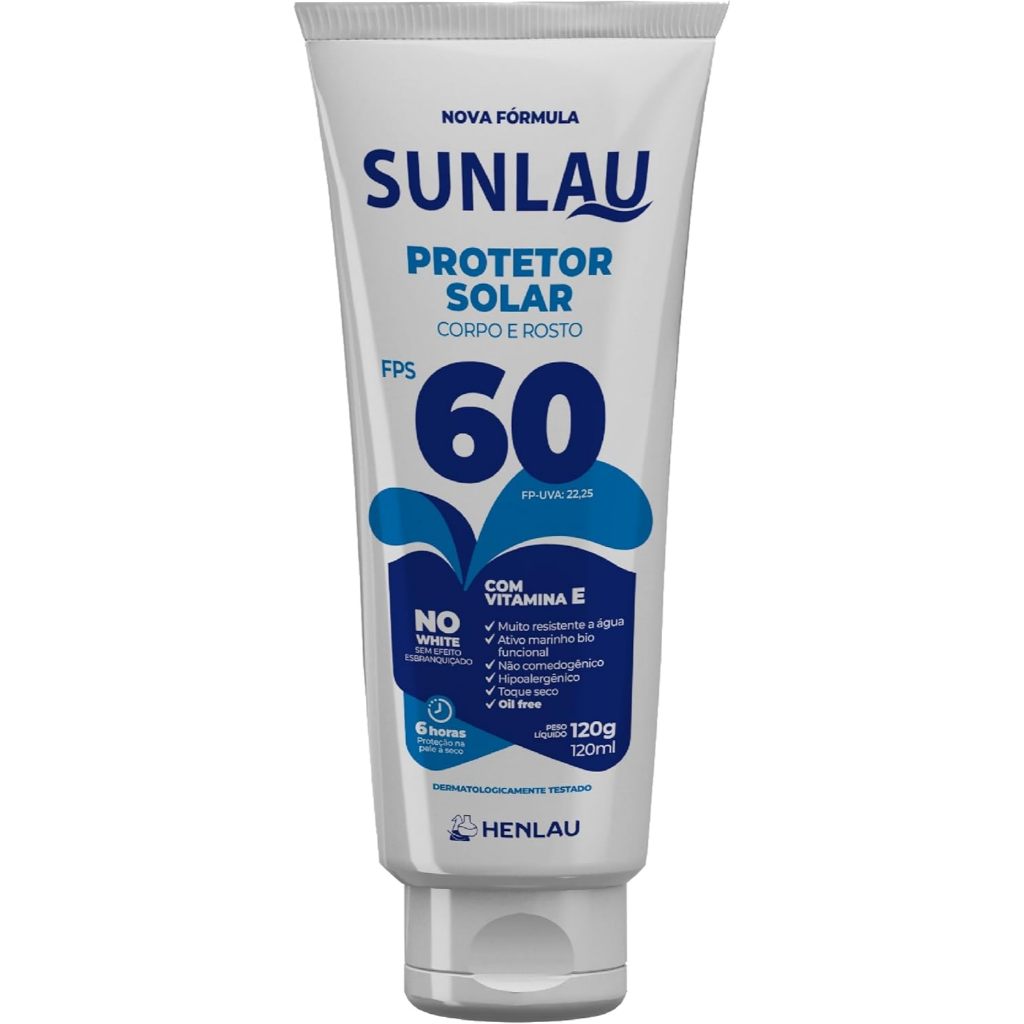 Protetor Solar Facial Sunlau FPS 60 120g - Toque Seco, Hipoalergênico e Resistente à Água