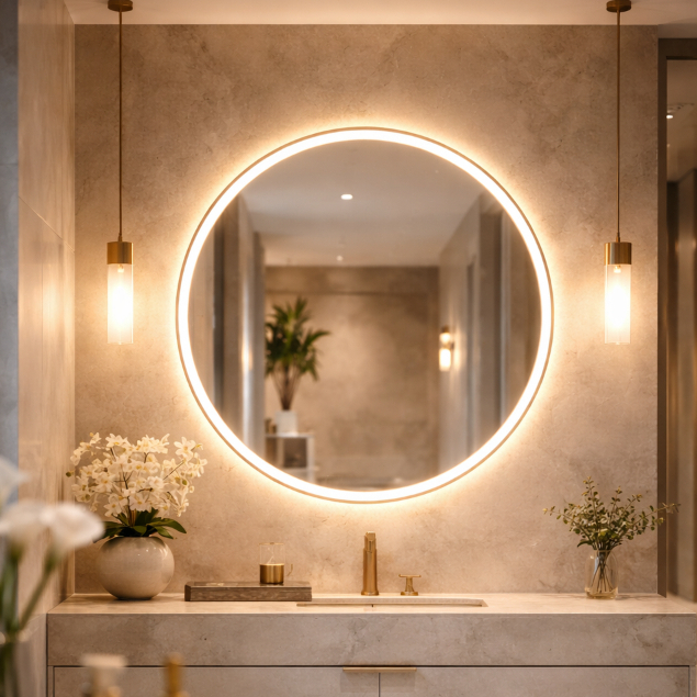 Espelho Redondo LED 50×50 Touch 3 Cores Jateado Lapidado Decorativo Para Banheiro