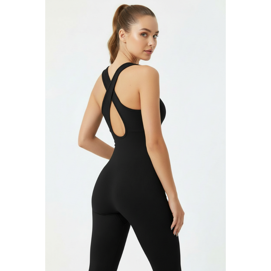 Macacão Canelado Academia Feminino Longo Fitness CRUZADO nas Costas - Variedades de Cores