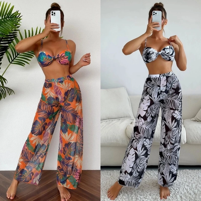 Conjunto de Biquíni 3 Peças Com Alta Feminino Estampa Tropical E Cobertura Para Praia De Verão — imagem 1