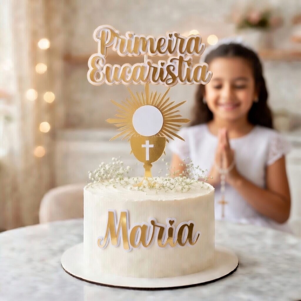 Topo de Bolo Eucaristia Personalizado com Nome | Primeira Comunhão Dourado | Cake Topper Religioso em Oferta na Shopee