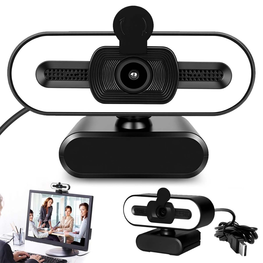 Webcam 1080P Full HD Com Luz de Preenchimento USB Para Notebook e PC Lente Ampla Para Aulas Online e Videoconferências