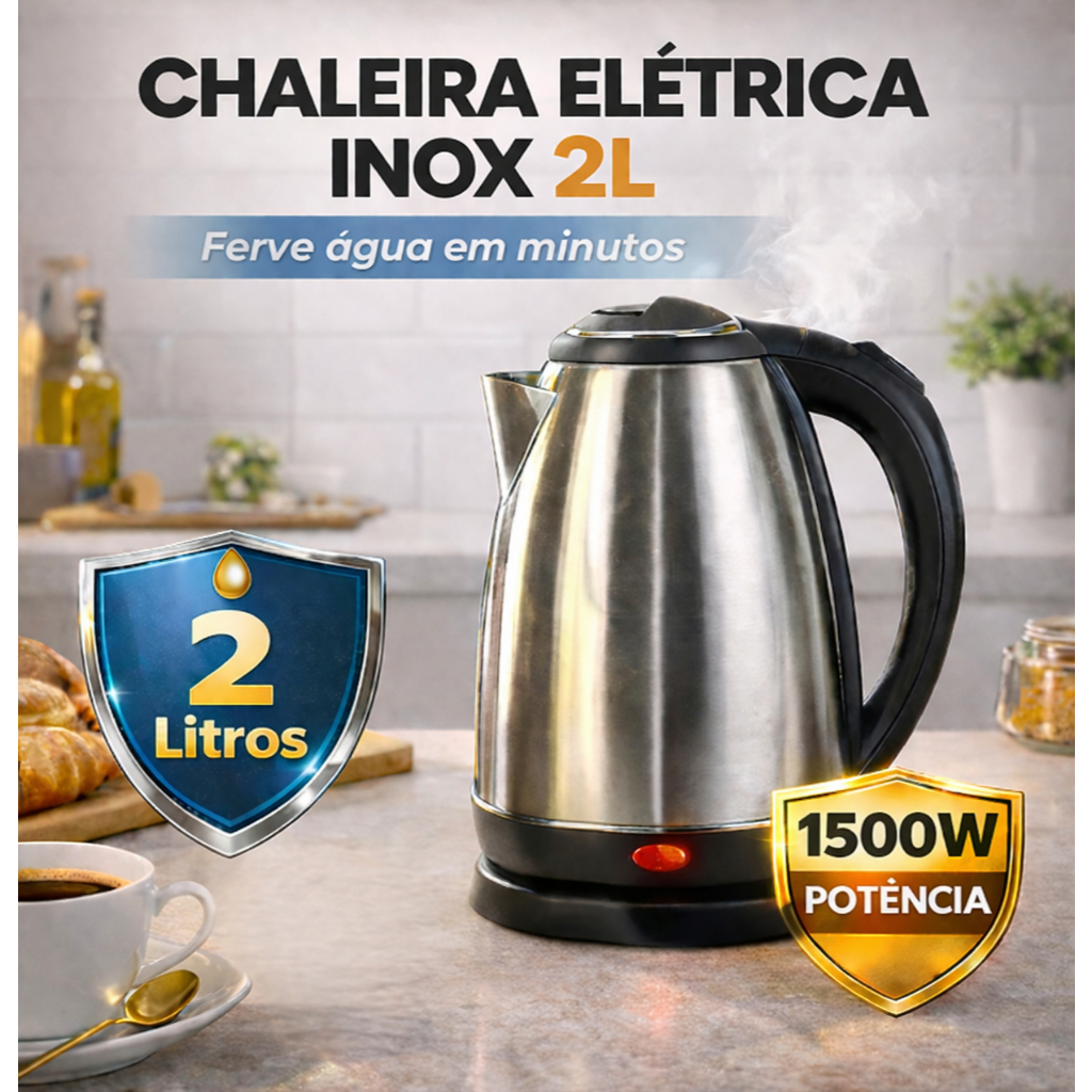 Chaleira Elétrica Inox 2L 127V/220V Ferve Água Rápido Desligamento Automático Café Chá