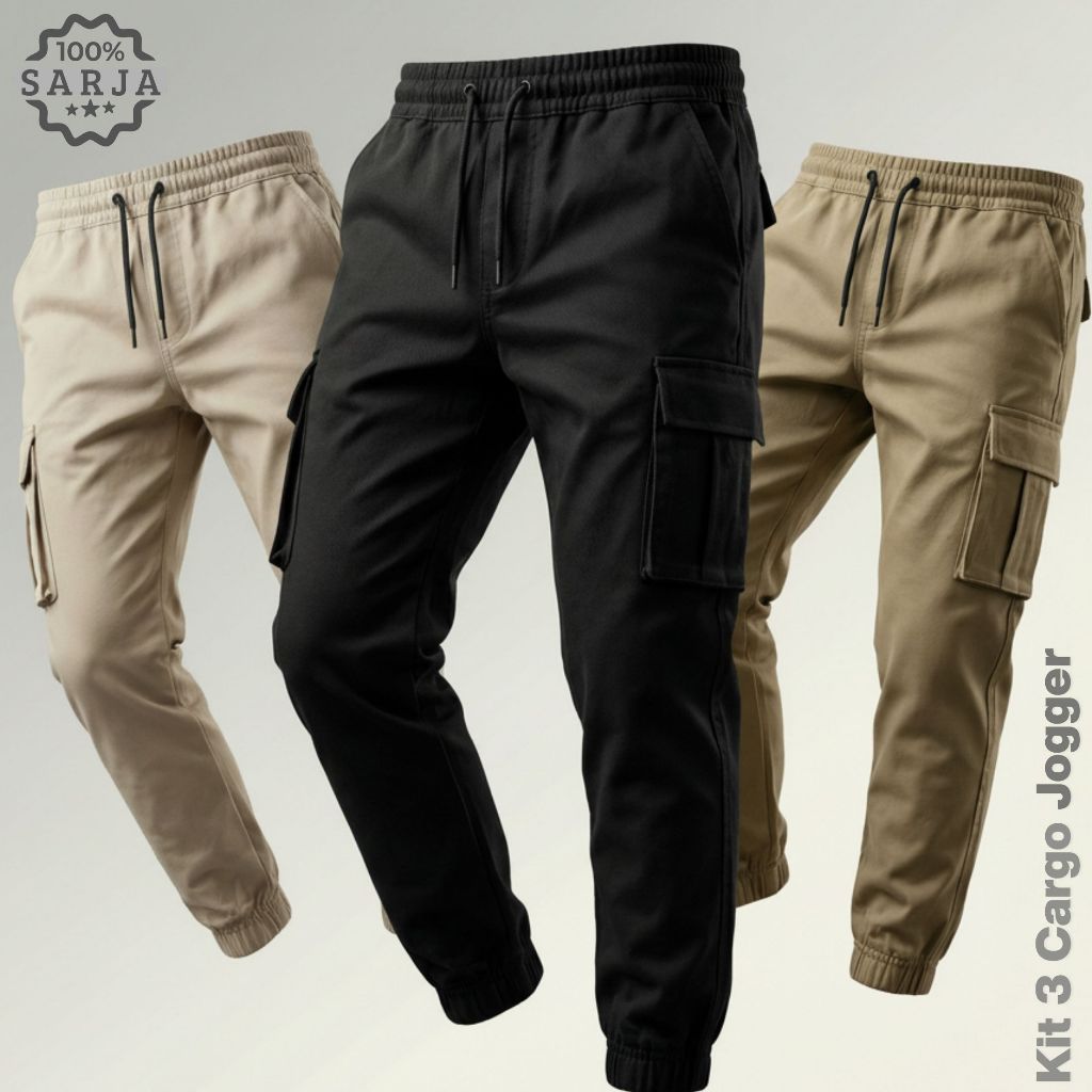 Kit 3 Calça Cargo Masculina Jogger Streetwear Com Punho e Cordão 34 Ao 44 + 3 Cores