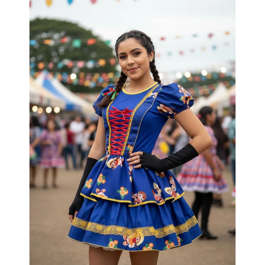 Vestido De Festa Junina Caipira Com Luva e Fita De Cabelo