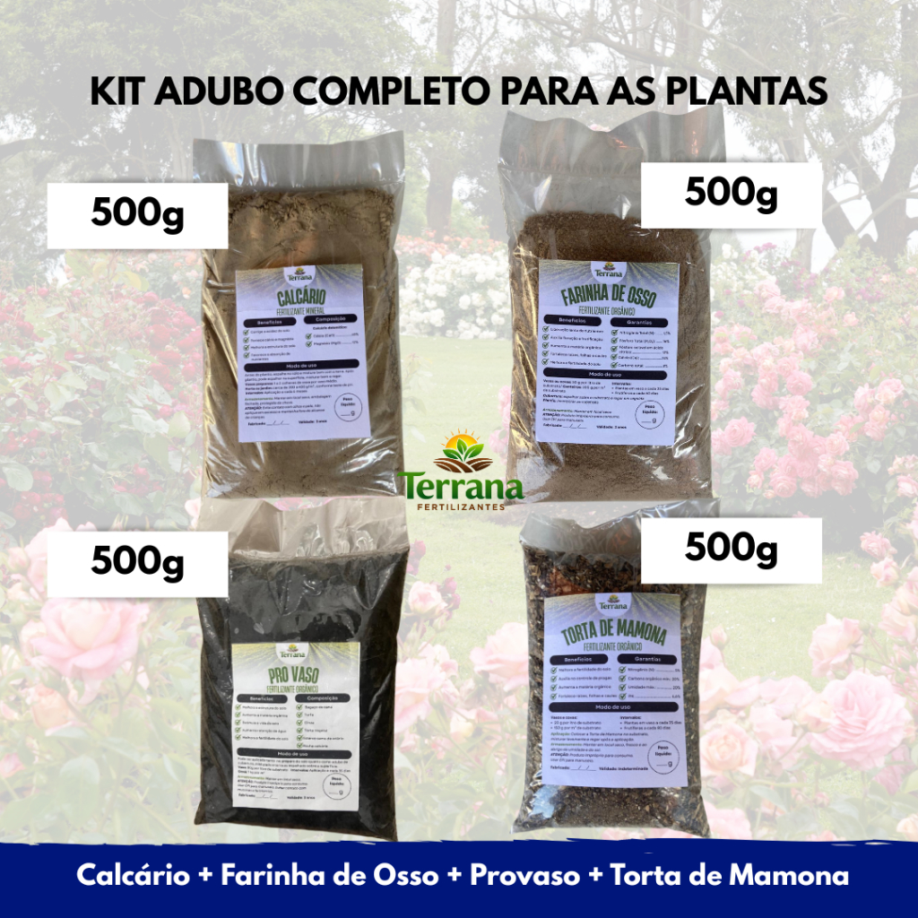 Kit Adubo para as Plantas/Hortas- Calcário + Farinha de Osso + Provaso + Torta de Mamona (Total 2kg)