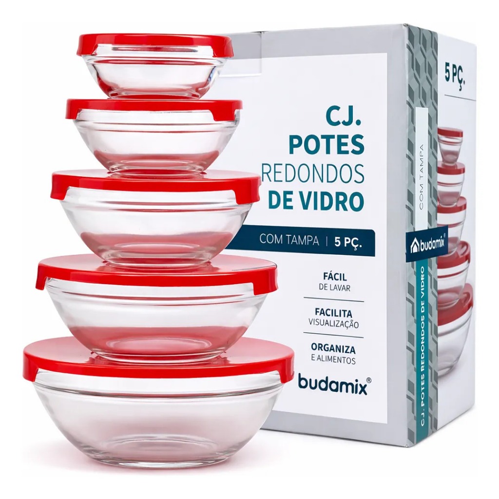 Kit 5 Potes de Vidro Redondos Translúcidos – Armazenamento Essencial para Mantimentos e Marmitas em Oferta na Shopee