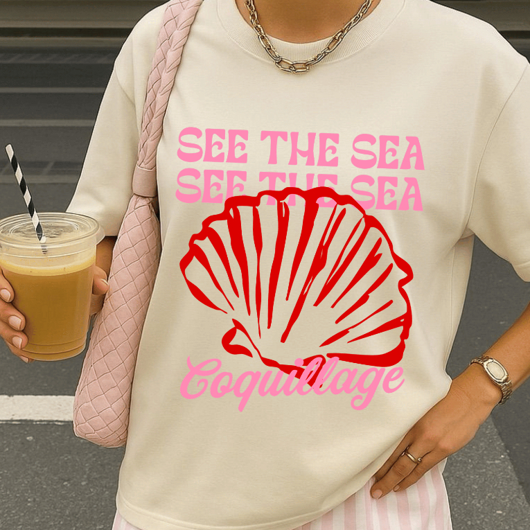 (CAMISETA 100% ALGODÃO) ESTAMPA MAR CONCHAS BLUSA LARGA OMBRO CAIDO ESTILO AMERICANA PINTEREST FRENTE