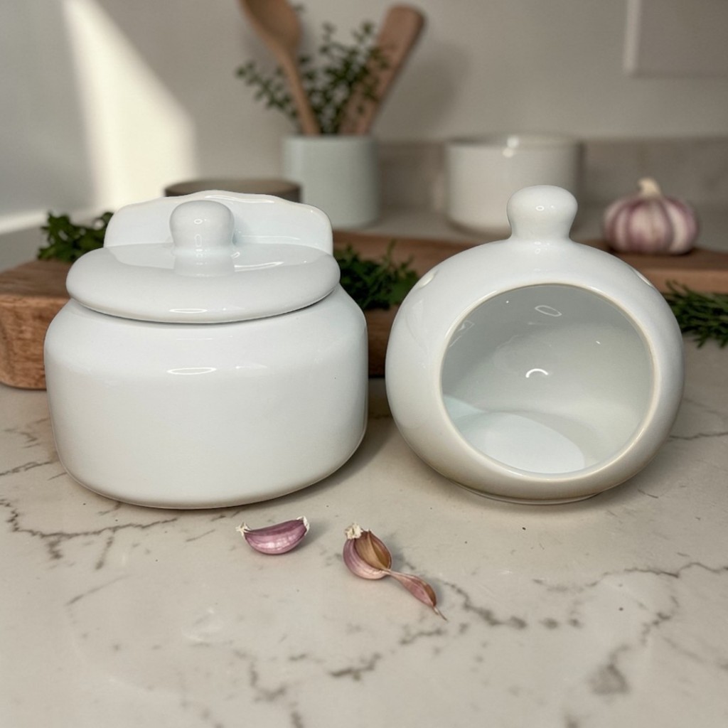 Kit Porta Alho Alheiro Saleiro Organizador de Cozinha Condimentos Cerâmica