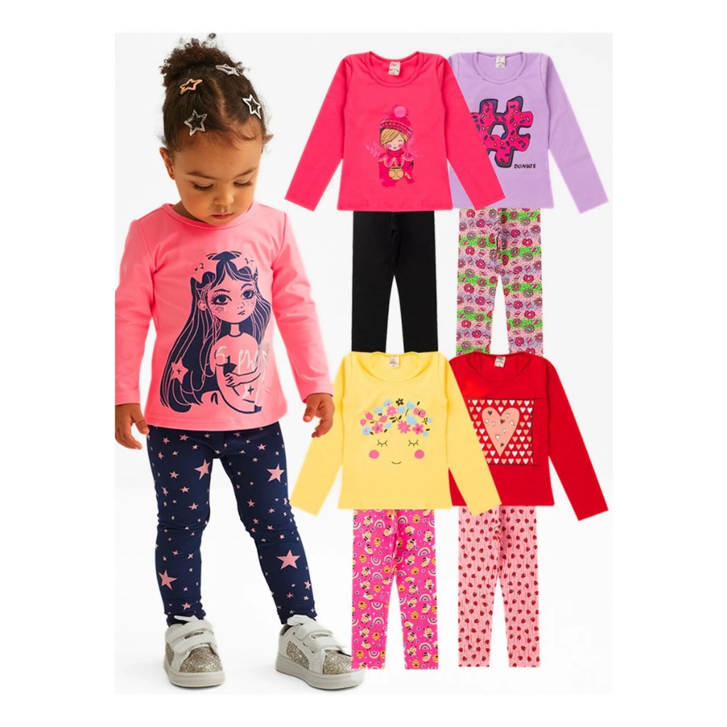 Kit Roupa Infantil Menina 2 4 6 Peças Outono Inverno Meia Estação Blusa Manga Longa e Legging