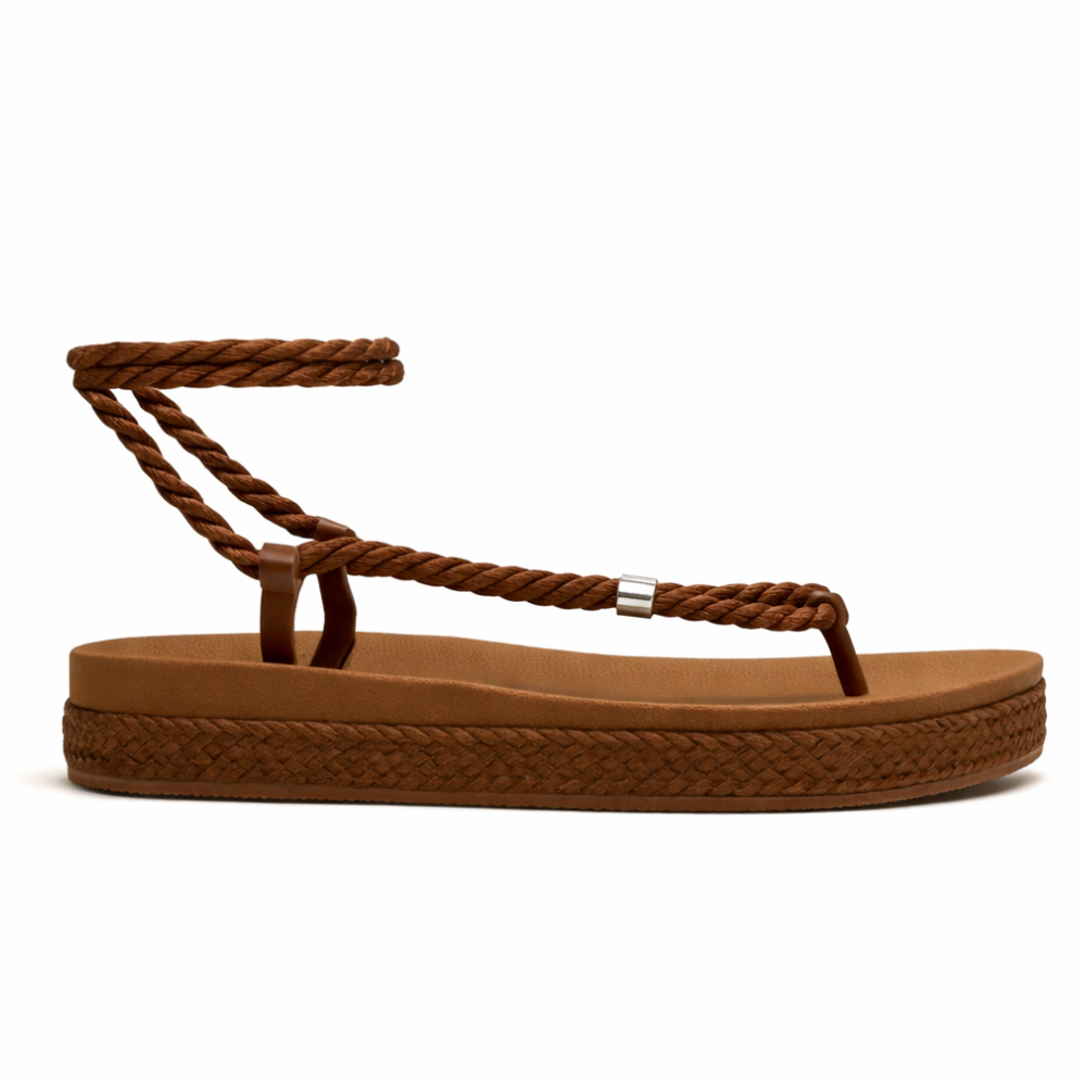 Sandália Papete Feminina FlatForm Plataforma Baixa Amarração Corda Ajustável Casual Confortável Tendência de Verão 2027