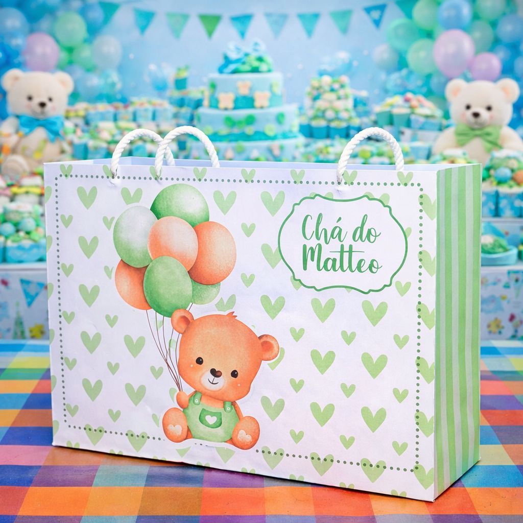 10 Sacolinhas Personalizadas Festa (G) Chá Revelação Ursinho Verde (20x15x7,8cm)