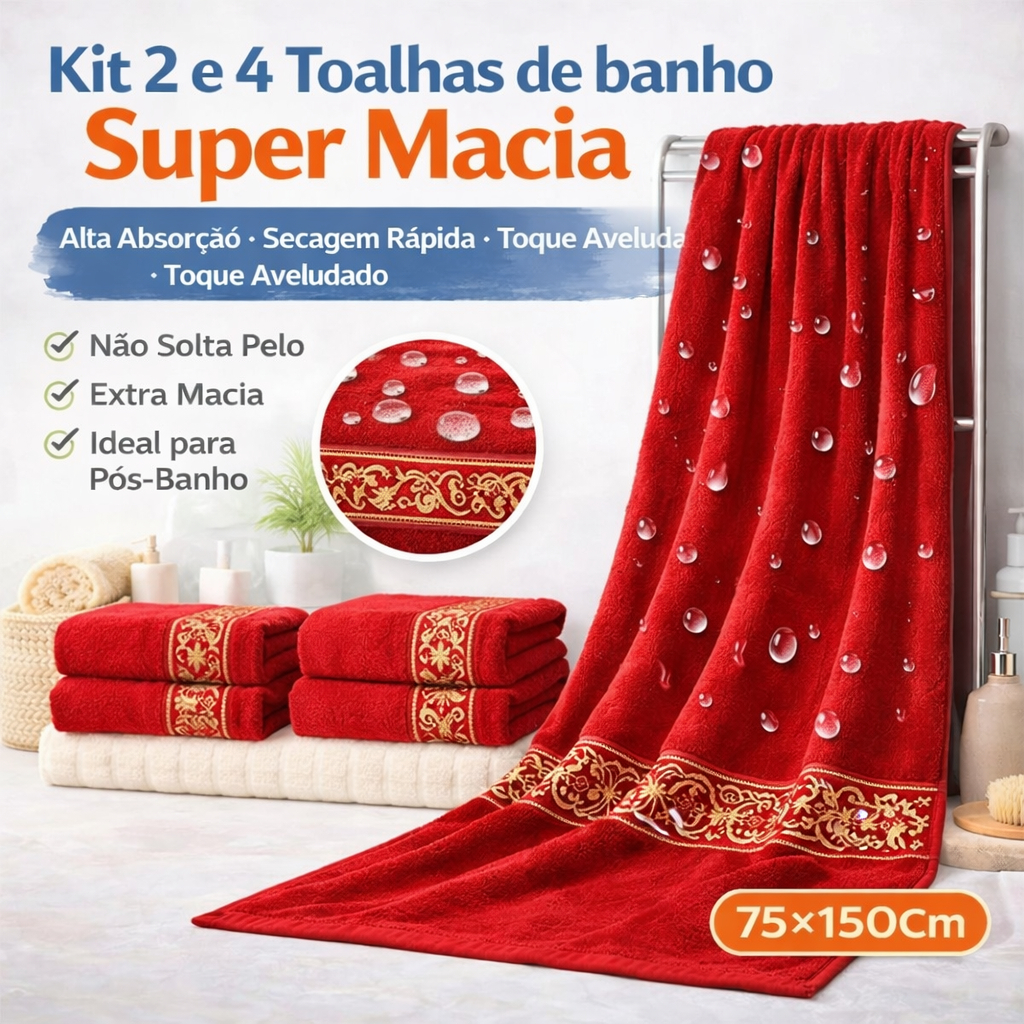 Jogo de 2 e 4 Toalhas Macias Para Corpo e Rosto Kit Banho 100% Algodão  75cm x 150 cm Alta Absorção