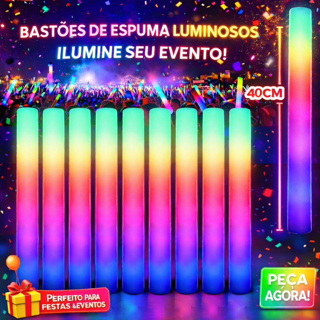KIT 10/15/20 Bastão De Led Espuma Neon Festas Rave Casamento Aniversário
