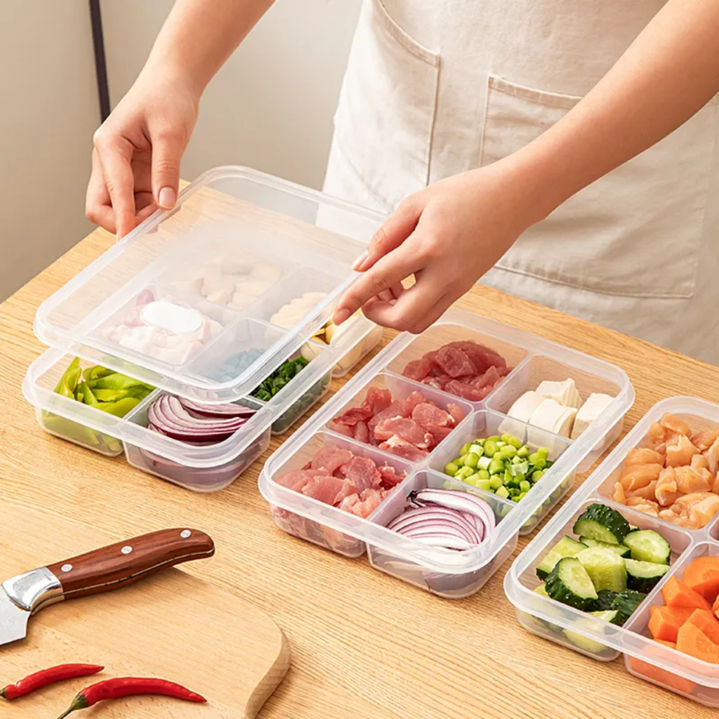 Pote Organizador de Alimentos com 6 Divisórias Porta Legumes, Verduras e Carnes com Tampa Hermética Multiuso Geladeira