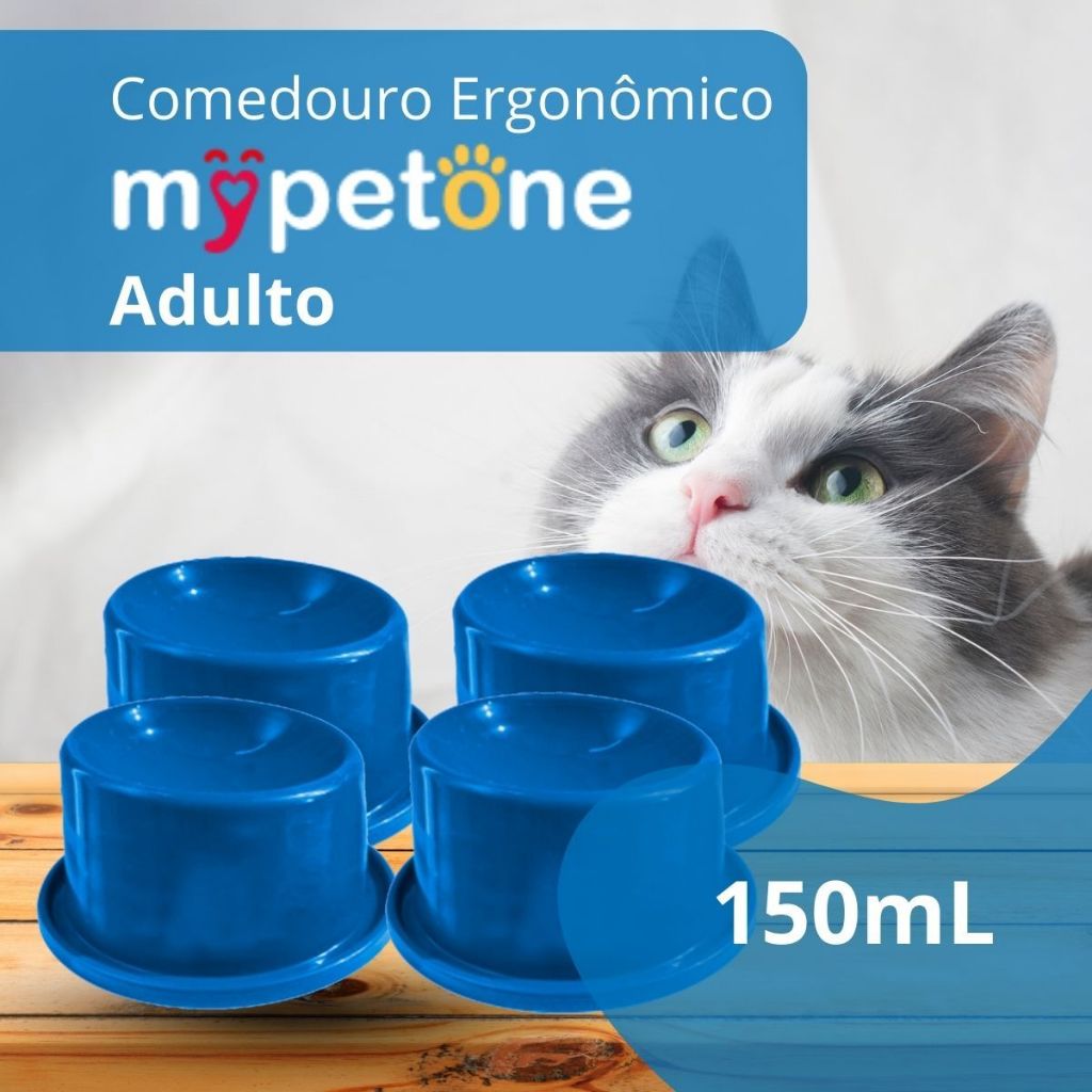 4 Comedouro Cão e Gato Ergonômico Alto 150ml Mypetone Azul Adulto/Filhotes