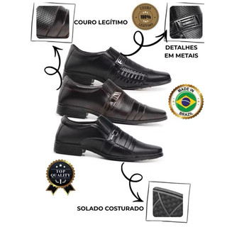 Kit 3 Pares Sapato Social Masculino Couro Com Solado Costurado