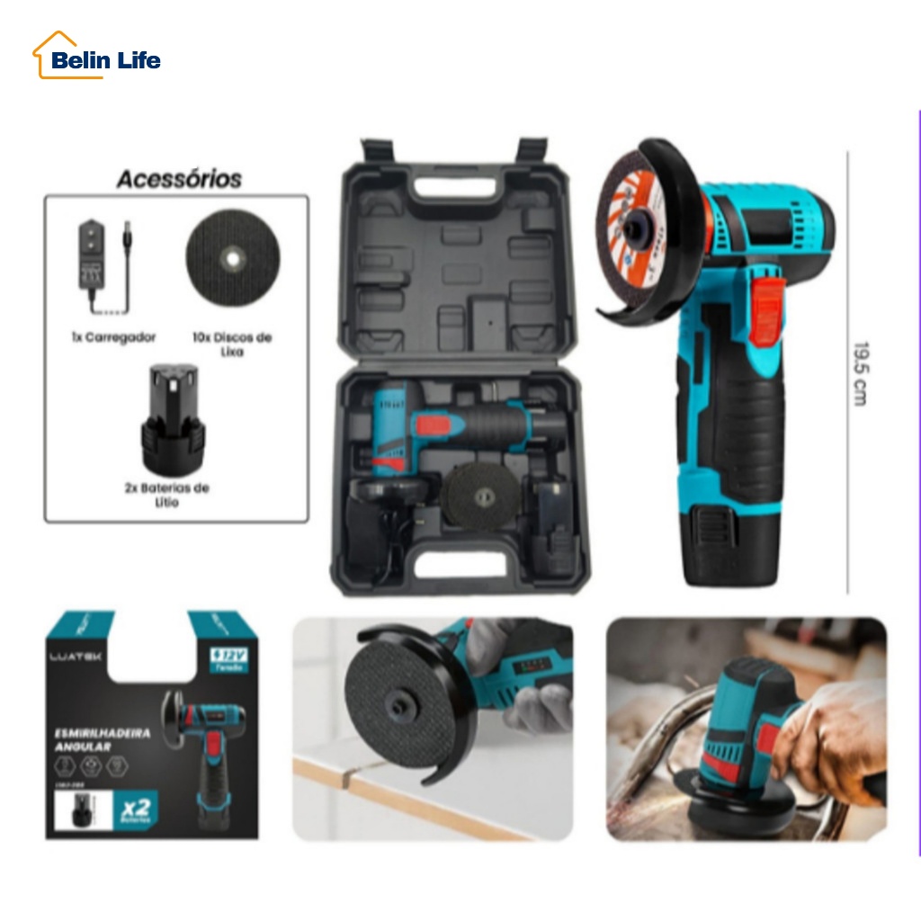 Kit Mini Lixadeira Angular 12V Portátil 2 Baterias + 10 Discos de Corte 3" Forte Luatek LWJ-286 em Oferta na Shopee