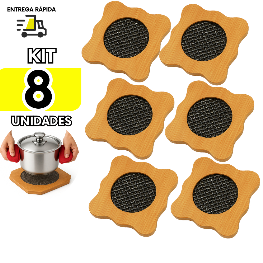 Kit 8 Descanso de Panela Formato Octogonal Quadrado Redondo Ondulado MDF 16,5cm Cozinha Buffet