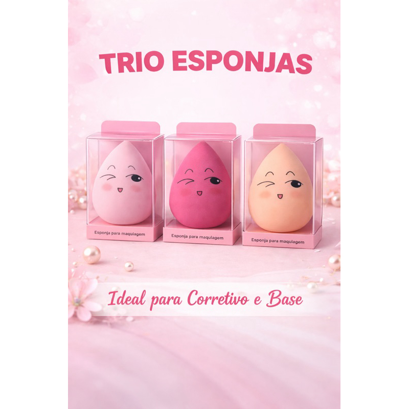 Kit 3 Esponjas de Maquiagem Fofas com Caixinha |  Macia | Acabamento| para base e corretivo |