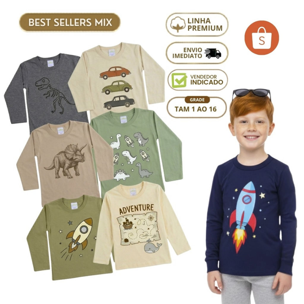 Kit 2 Blusa Infantil Masculina Frio Camiseta Manga Menino Inverno Algodão Liso e Estampado Dino Promoção 1 ao 16 anos