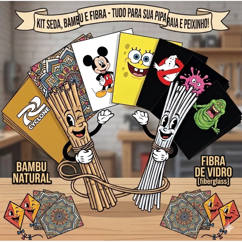 Combo Bambu e Fibra para Pipas Raias Peixinho Flechinha Celofane Gaiola