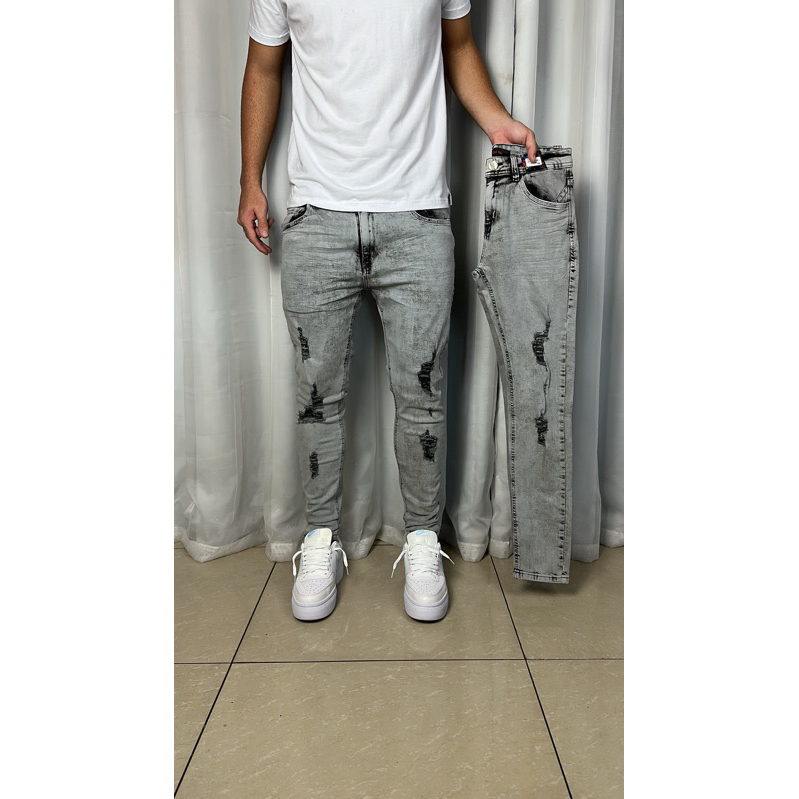 calça jogador City denim Cinza Sem rasgos com pequenos detalhes masculino 100% original jeans skinny