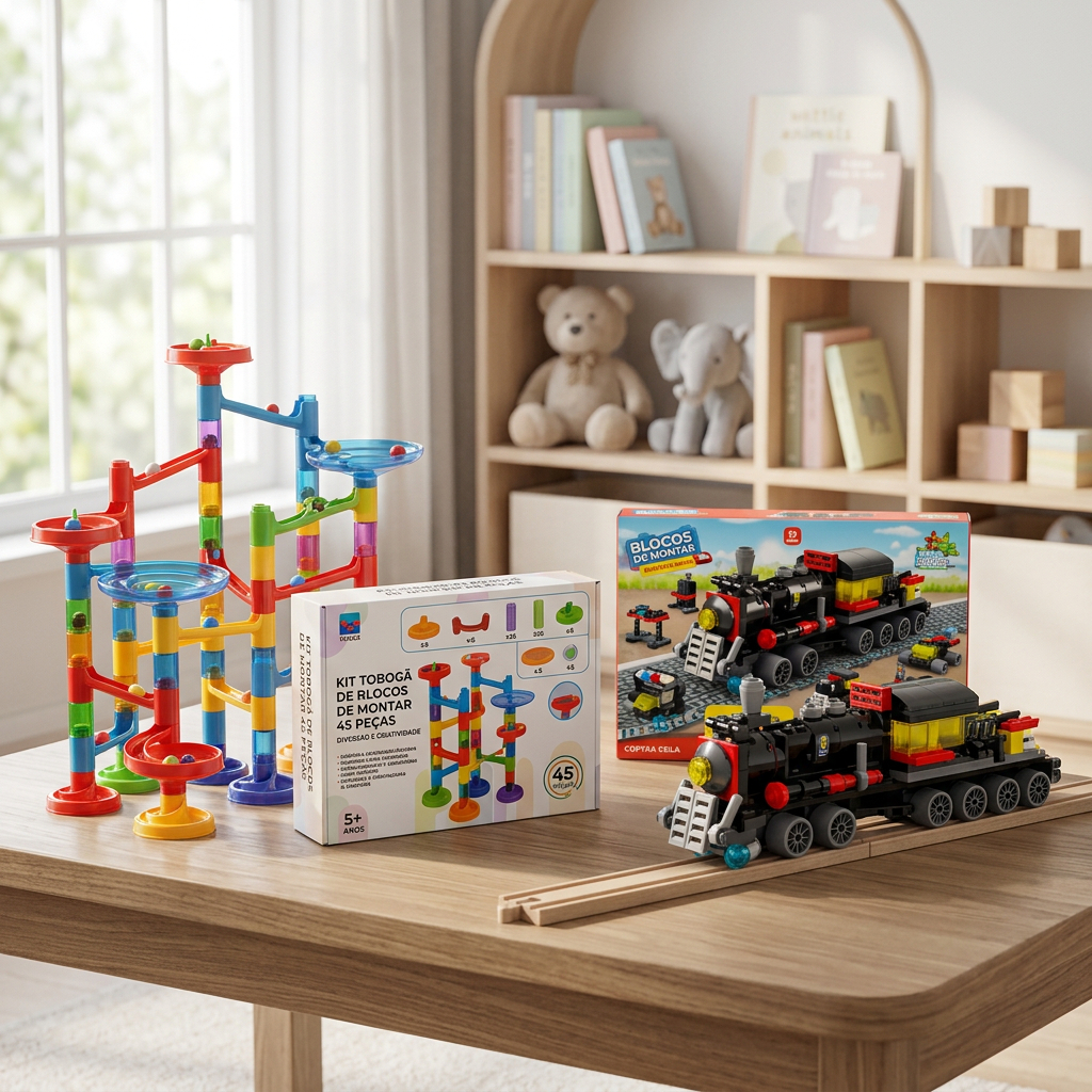 Kit Toboga Blocos 45pc + Blocos Locomotiva Brinquedo Educativo Criativo Infantil