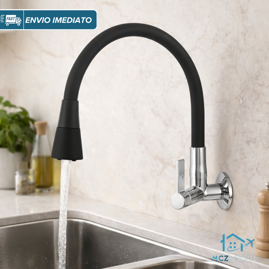 Torneira Gourmet Cozinha de Parede Preta Flexível Duplo Jato Cone 1/4 de Volta