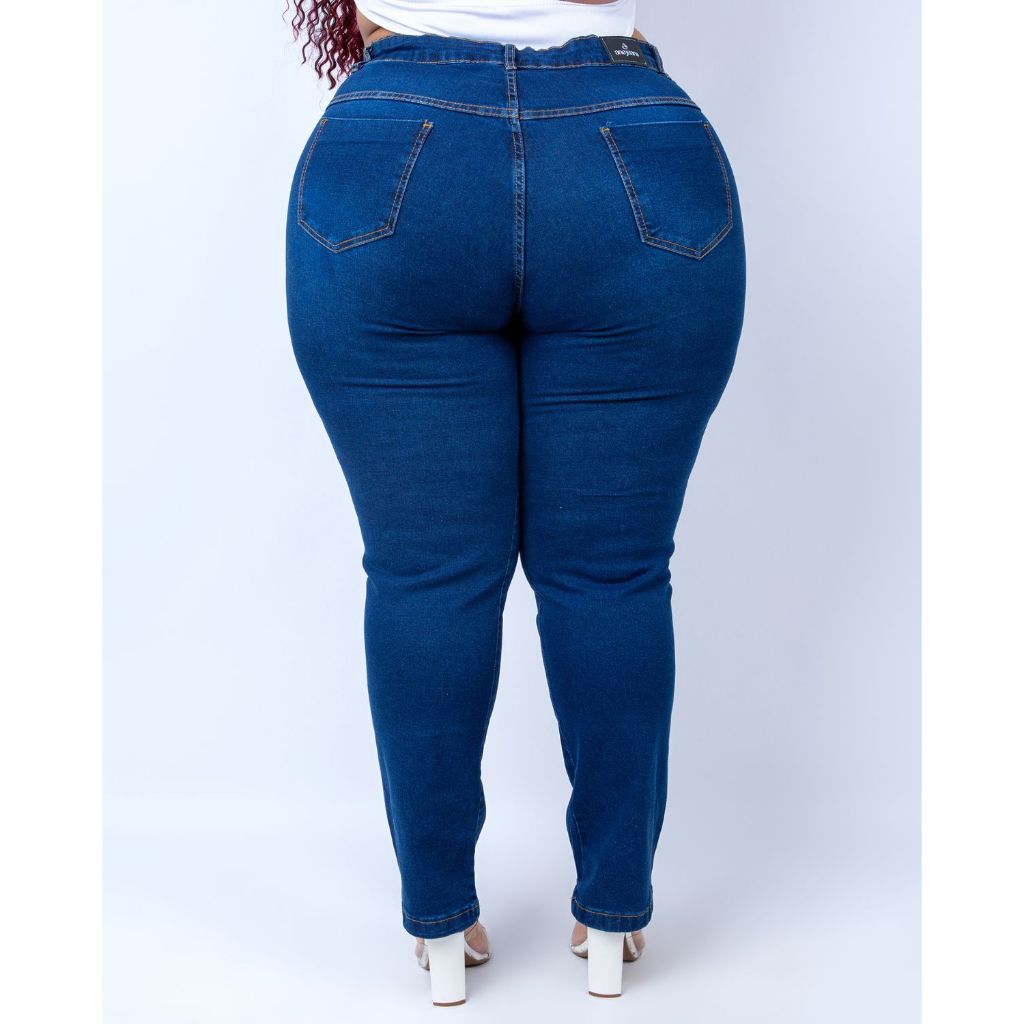 Calça Jeans Plus Size Feminina Reta Cintura Alta Levanta Bumbum Trabalho com Lycra — imagem 2 de 2