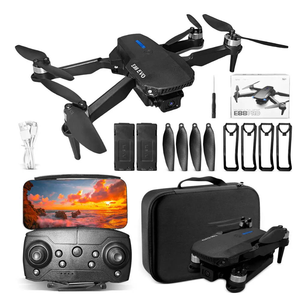 E88 Plus/E88 Pro/E88 EVO Com Câmera Dupla Wifi Com Case 2 Baterias + Battery Mini Controle Remoto Drone 2.4G