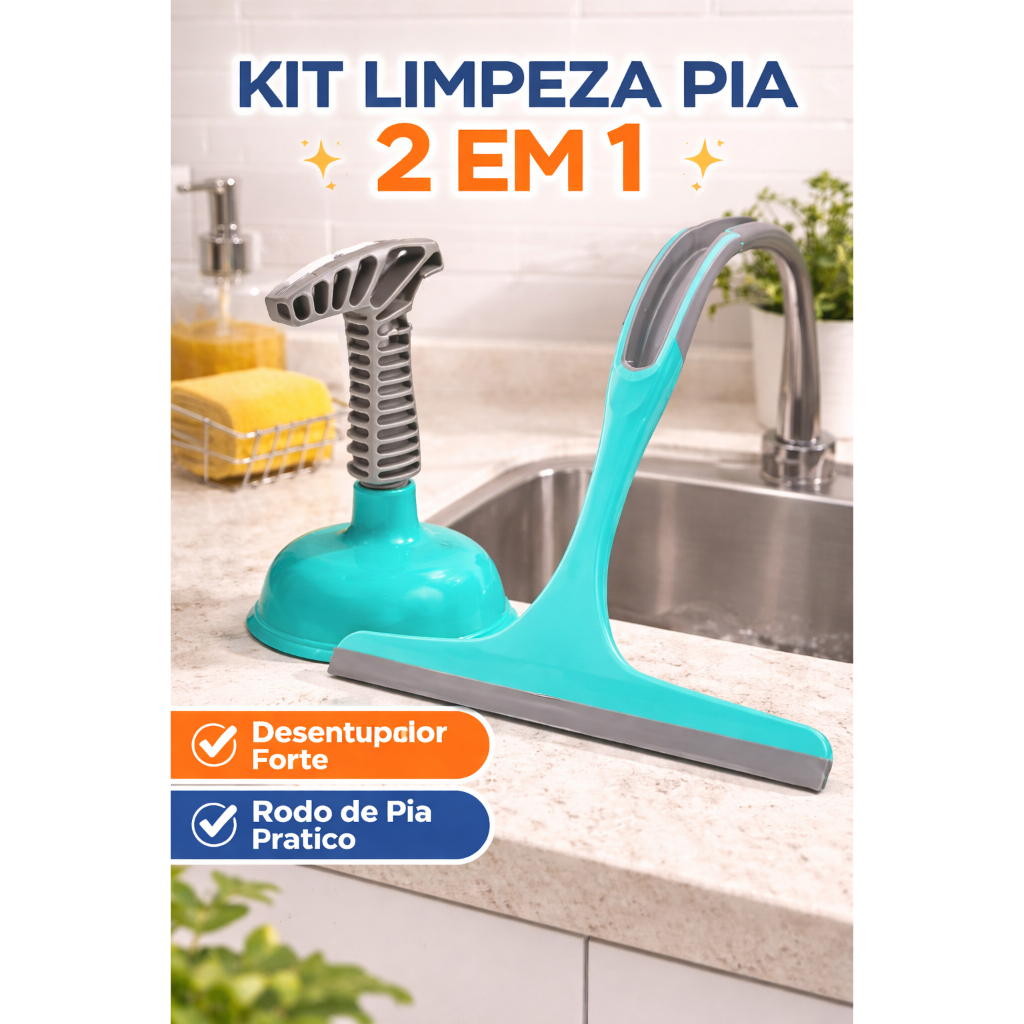 Kit Limpeza Pia 2 em 1 Rodo + Desentupidor Ventosa Star Limp Silicone Multiuso Banheiro Cozinha