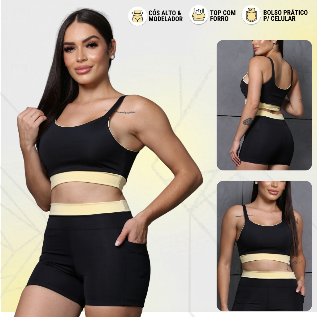 Conjunto Academia Feminino Com Bolso Suplex com Detalhe Roupa Academia Fitness Zero Transparência