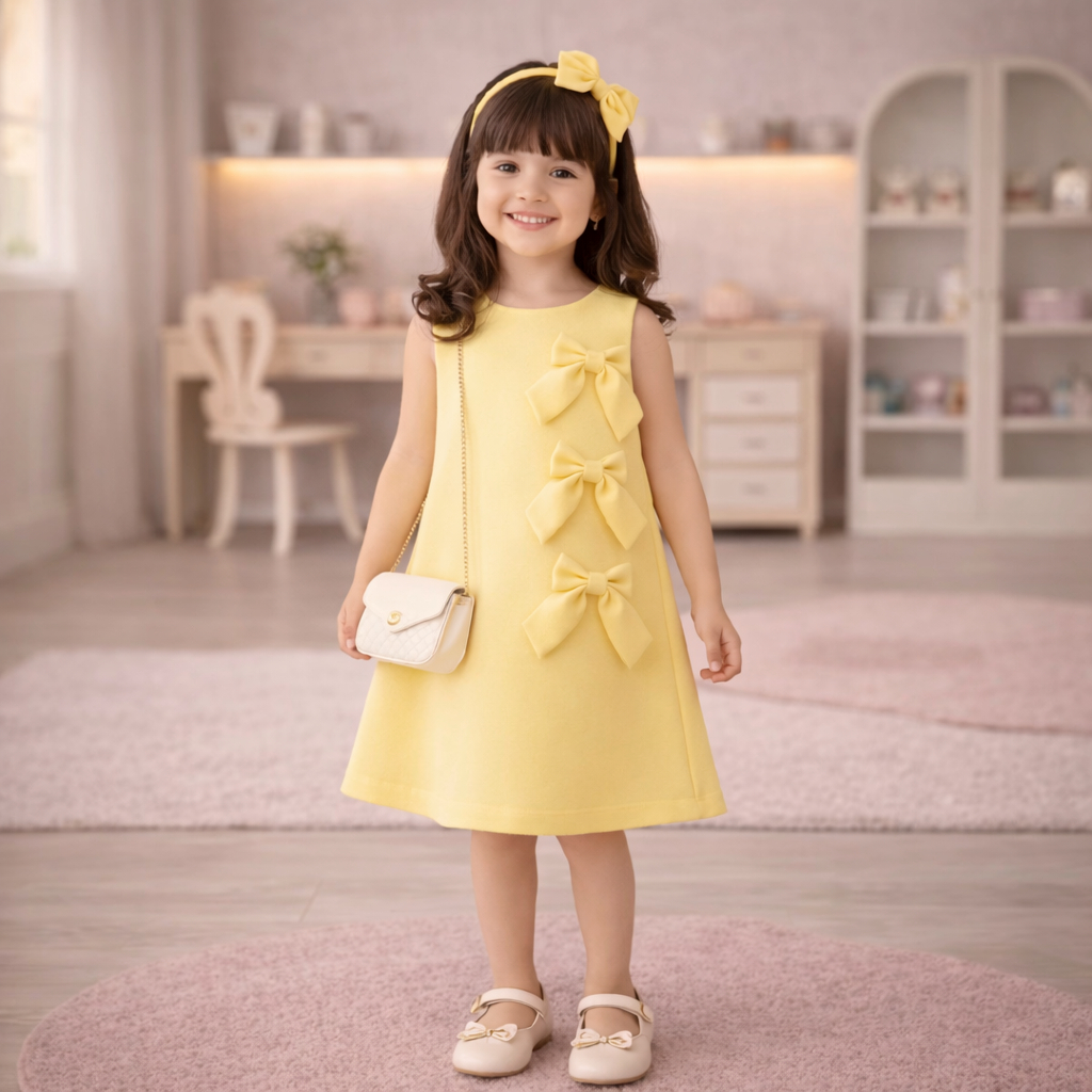 Vestido Infantil Menina Laço Lateral 3D Amarelo Moda Infantil Elegante Festa Casual Tendência