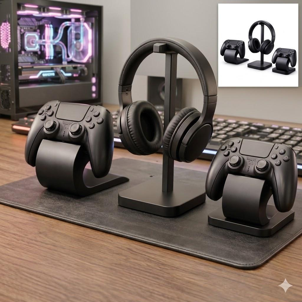 Suporte de Mesa Para Fone Headset Suporte Manete Kit 1+2 Gamer Universal Elegante Minimalista