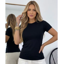 Blusa Manga Curta Gola Redonda Básica Feminina Viscolycra Dia a Dia Elegante