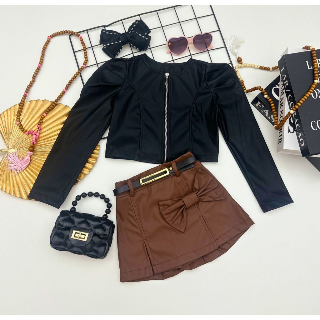 Conjunto Infantil Blogueirinha Jaqueta Com Ziper E Short Saia Courino Laço E Cinto Menina Outono Inverno Moda Fashion